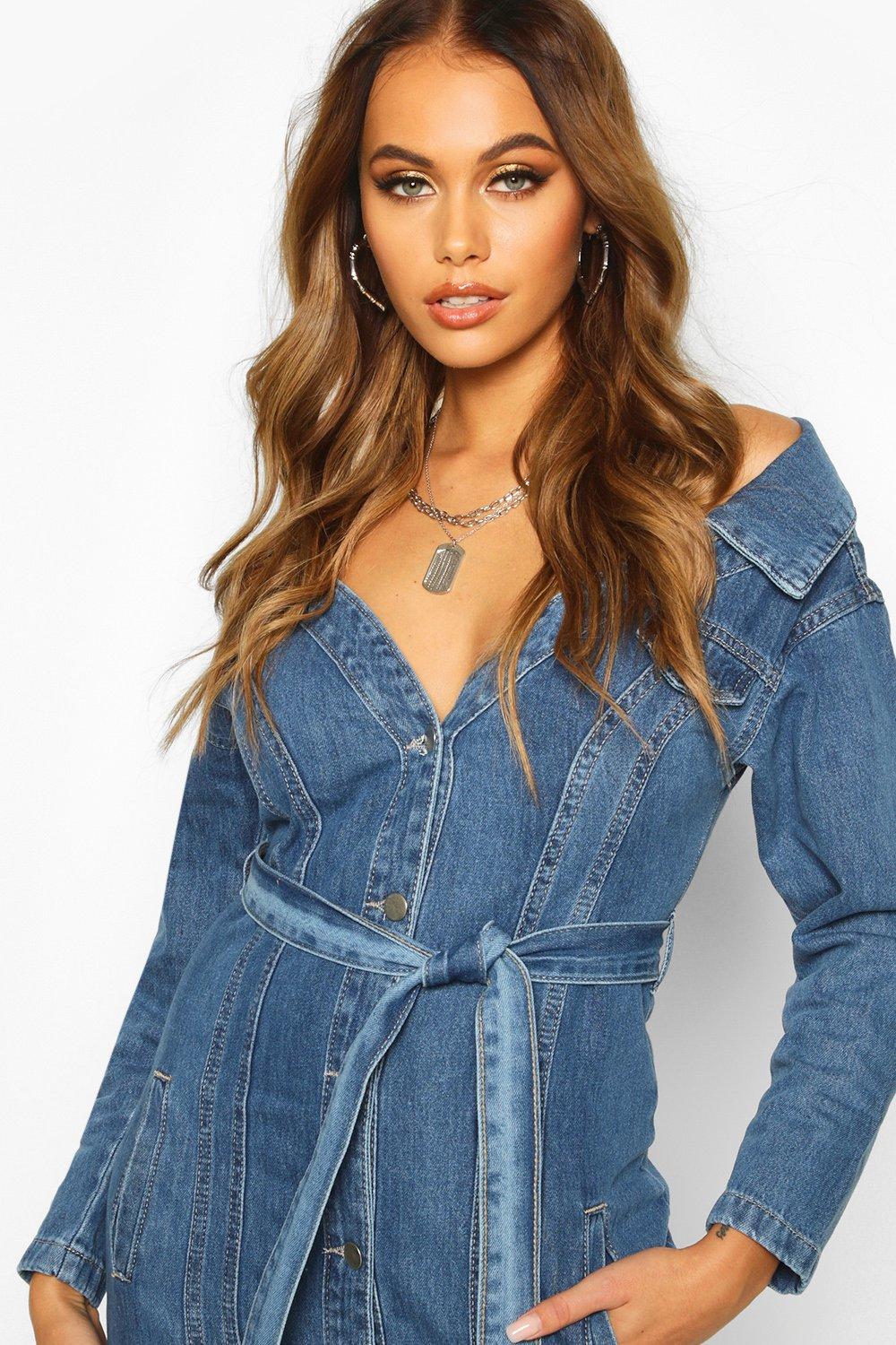 Boohoo denim off 2025 the shoulder dress